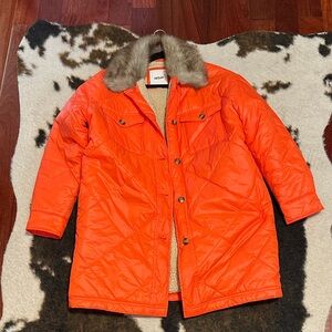 Aerie Vibrant Orange Puffer Jacket with Fur Collar